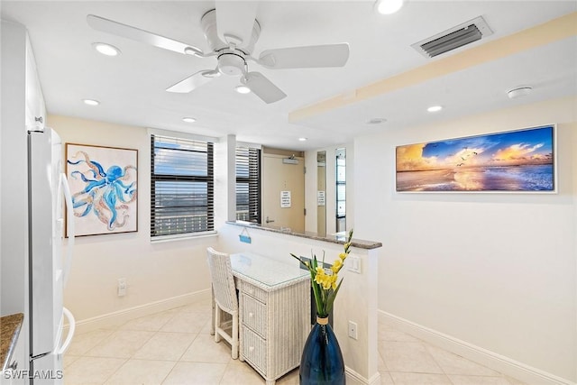 home office with light tile patterned floors, baseboards, visible vents, a ceiling fan, and recessed lighting