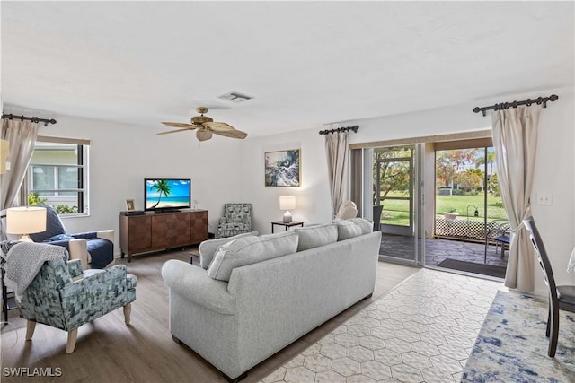 living area featuring plenty of natural light, visible vents, ceiling fan, and wood finished floors