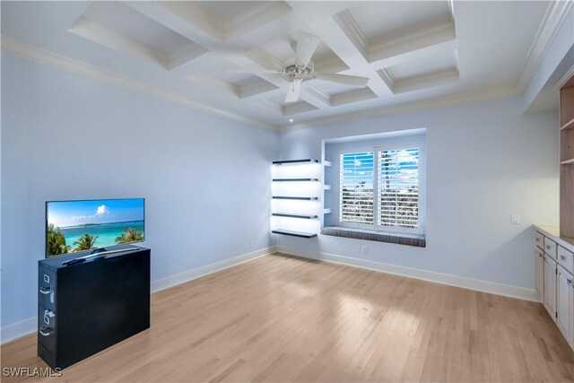 living room with light wood finished floors, baseboards, coffered ceiling, crown molding, and beam ceiling