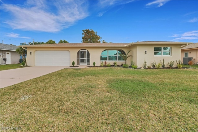 single story home with central air condition unit, stucco siding, concrete driveway, a front yard, and a garage