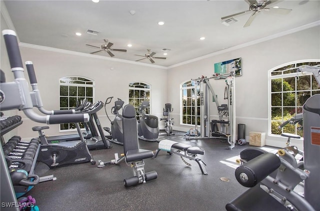 gym with recessed lighting, visible vents, and crown molding