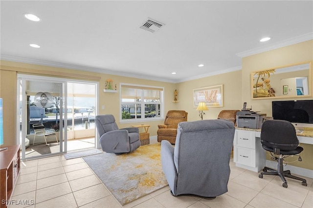living room with crown molding, light tile patterned floors, visible vents, and recessed lighting