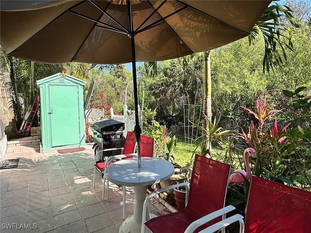 view of patio / terrace featuring an outbuilding and a shed