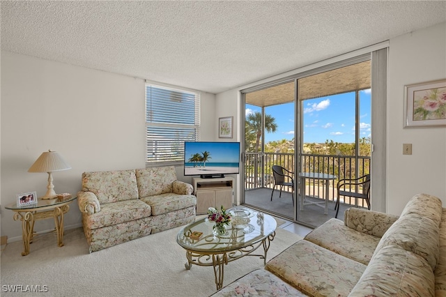 carpeted living room featuring a wealth of natural light, floor to ceiling windows, and a textured ceiling