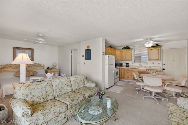 living area with ceiling fan, electric panel, and a textured ceiling