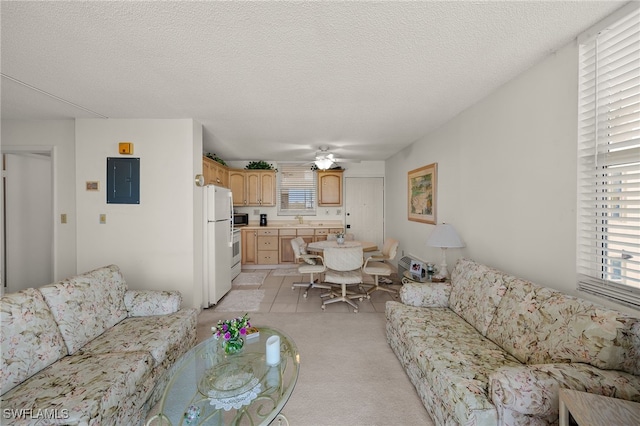 living room with electric panel, a ceiling fan, a wealth of natural light, and a textured ceiling