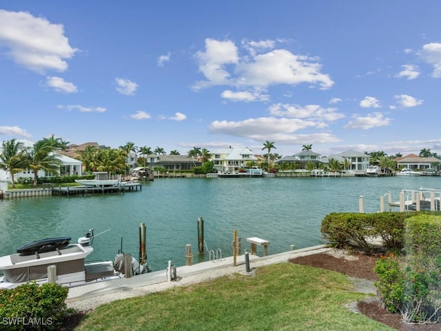 property view of water featuring a boat dock and a residential view