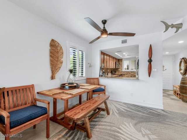 sitting room featuring baseboards, recessed lighting, visible vents, and a ceiling fan