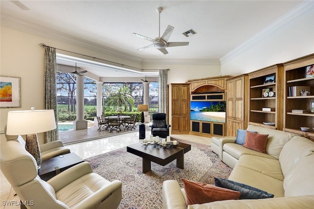 living room with ceiling fan, ornamental molding, and visible vents