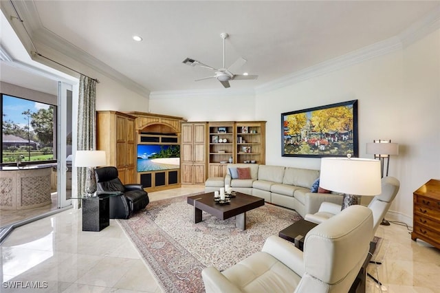 living area featuring ceiling fan, ornamental molding, and recessed lighting