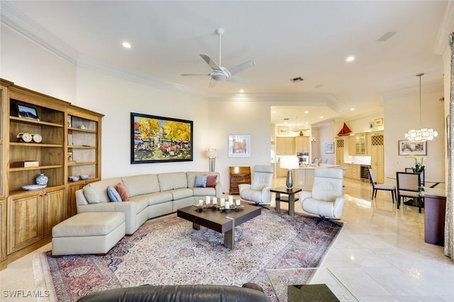 living room featuring ceiling fan with notable chandelier, visible vents, ornamental molding, and recessed lighting