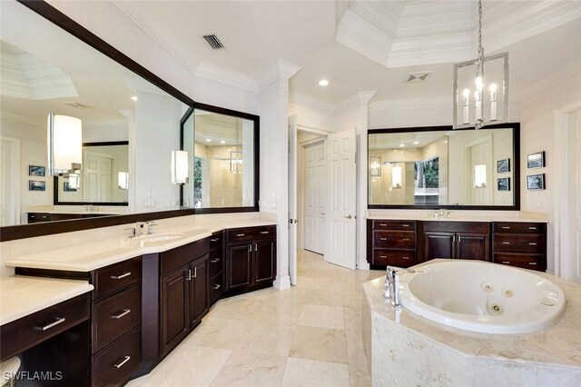 bathroom featuring visible vents, ornamental molding, a jetted tub, a sink, and recessed lighting