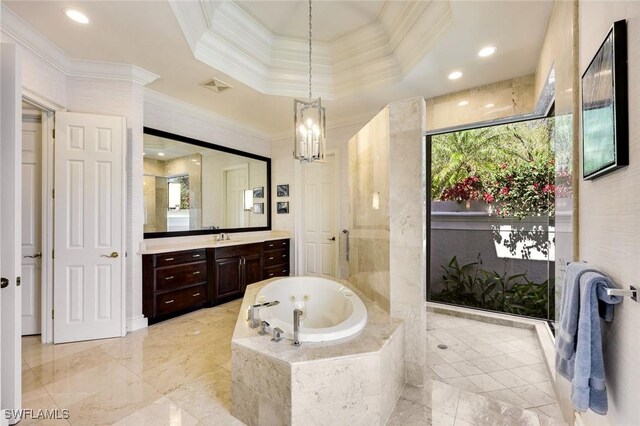 full bath featuring visible vents, ornamental molding, vanity, and a bath