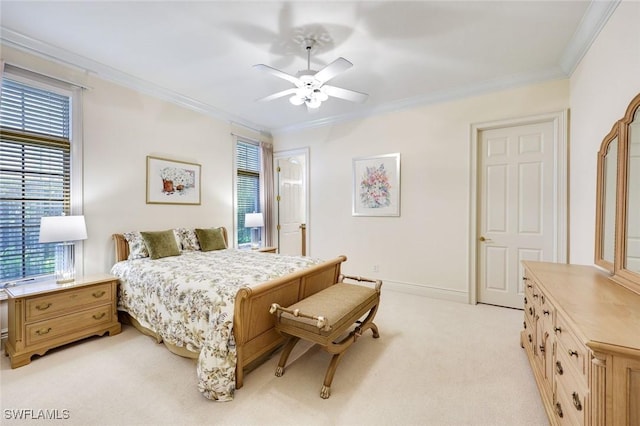 bedroom featuring baseboards, ornamental molding, a ceiling fan, and light colored carpet