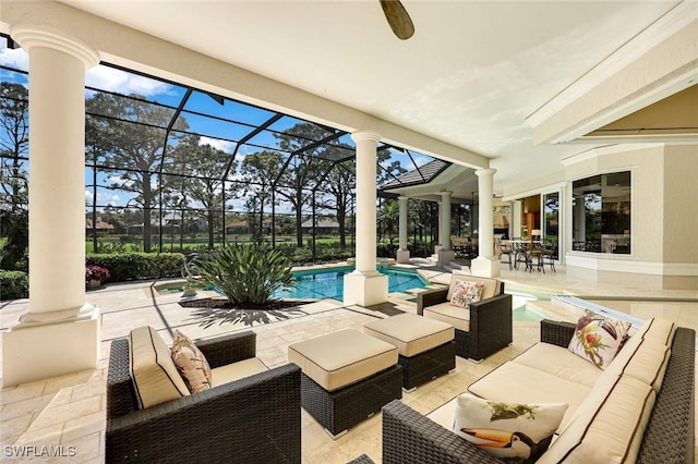 view of patio featuring glass enclosure, an outdoor pool, and an outdoor living space