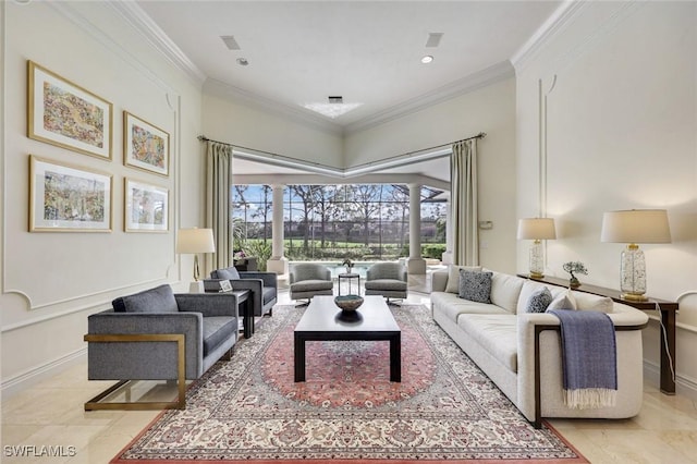 living area featuring crown molding and baseboards