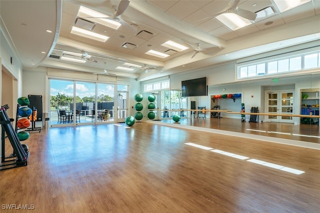 exercise room featuring plenty of natural light, wood finished floors, and a ceiling fan