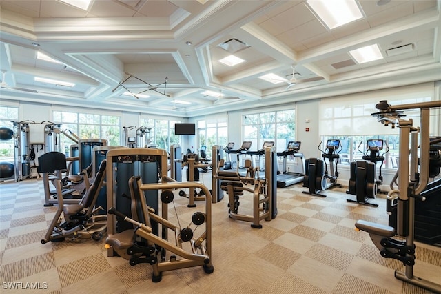 gym with coffered ceiling, a wealth of natural light, carpet flooring, and visible vents