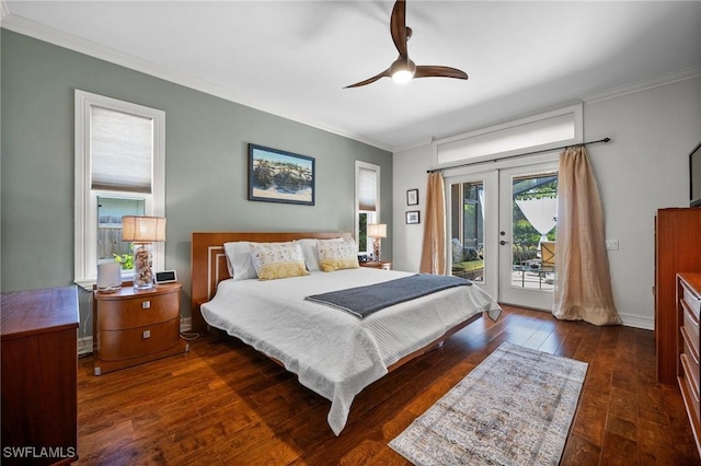 bedroom with a ceiling fan, access to outside, ornamental molding, french doors, and wood-type flooring