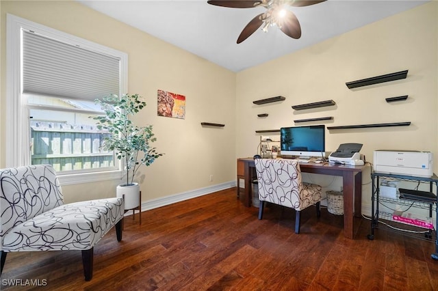 office with ceiling fan, baseboards, and wood finished floors