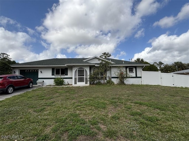 ranch-style house with stucco siding, driveway, a gate, fence, and a garage