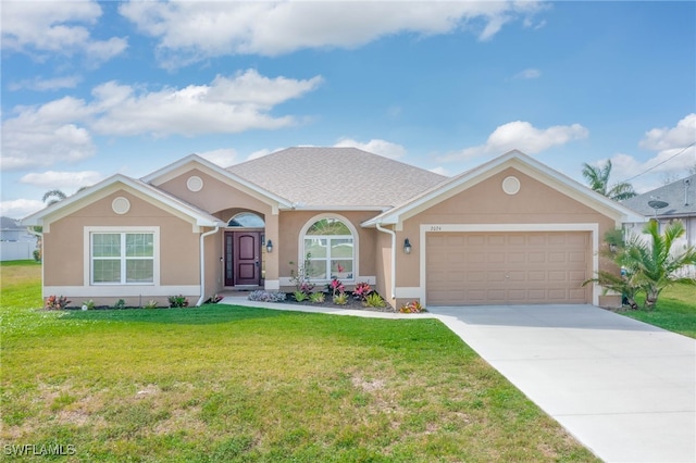 ranch-style house featuring driveway, an attached garage, a front lawn, and stucco siding