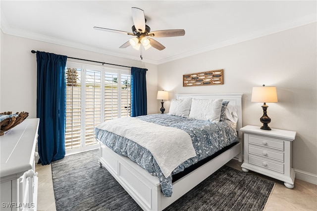 bedroom with tile patterned floors, baseboards, crown molding, and a ceiling fan