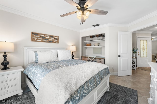 bedroom featuring crown molding, visible vents, and ceiling fan