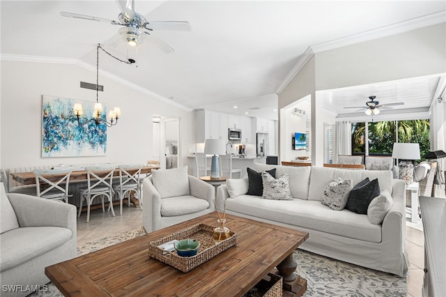 living area with visible vents, ornamental molding, ceiling fan with notable chandelier, light tile patterned floors, and vaulted ceiling