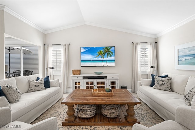 living room featuring baseboards, lofted ceiling, and ornamental molding