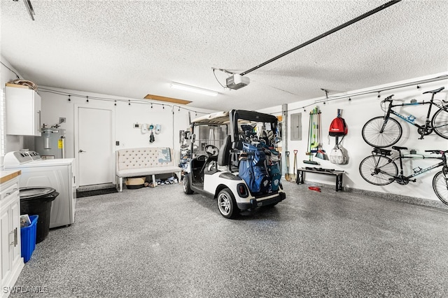 garage featuring electric panel, a garage door opener, washing machine and dryer, and water heater