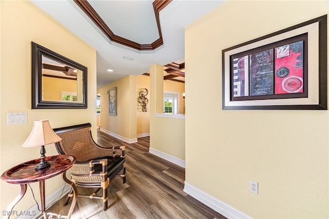 hallway featuring ornamental molding, recessed lighting, baseboards, and wood finished floors