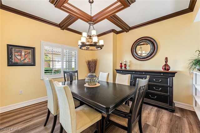 dining area featuring dark wood-type flooring, a chandelier, and baseboards