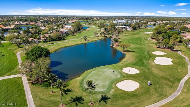 aerial view with a water view and golf course view