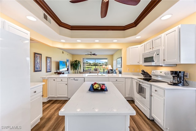 kitchen with white appliances, a kitchen island, a peninsula, a tray ceiling, and crown molding