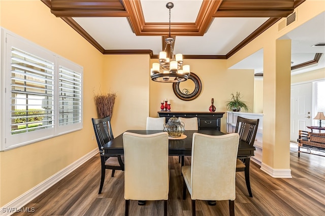 dining room with baseboards, dark wood-style flooring, visible vents, and crown molding