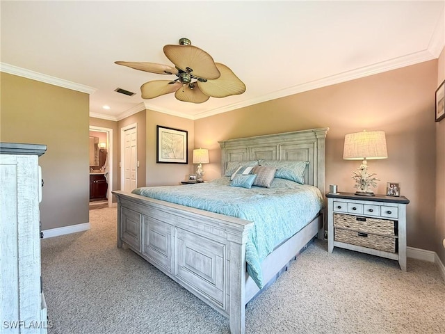 bedroom featuring baseboards, crown molding, visible vents, and light colored carpet