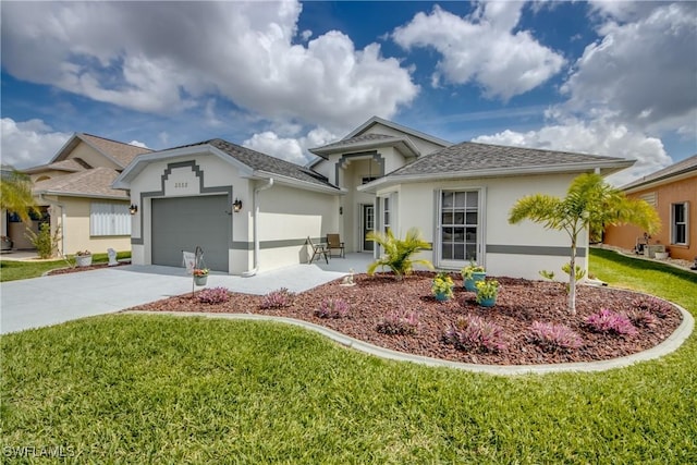 single story home with a garage, concrete driveway, a front lawn, and stucco siding