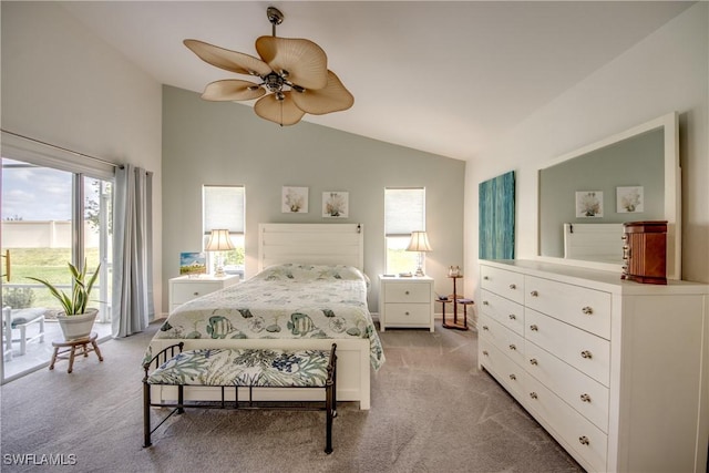 bedroom with access to outside, light colored carpet, ceiling fan, and lofted ceiling