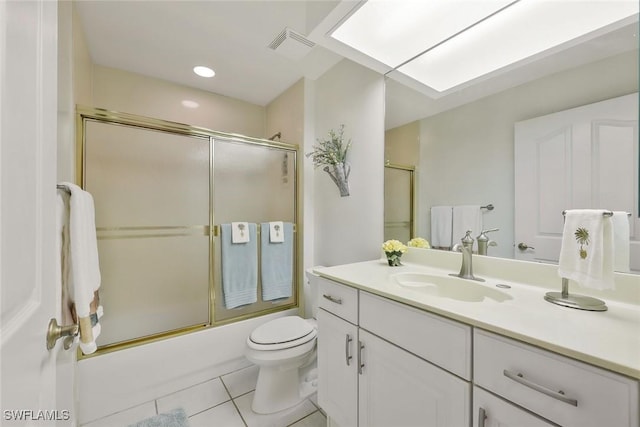 full bath with vanity, visible vents, a skylight, tile patterned flooring, and toilet