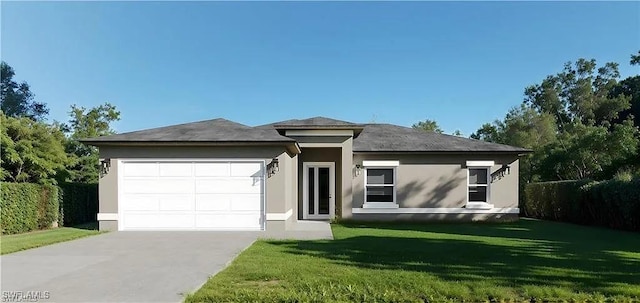 view of front of house featuring stucco siding, an attached garage, concrete driveway, and a front lawn