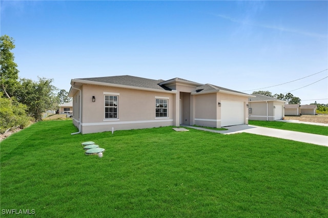 3109 11th St W, Lehigh Acres, FL 33971 - view of front of home featuring an attached garage, a front lawn, stucco siding, and concrete driveway