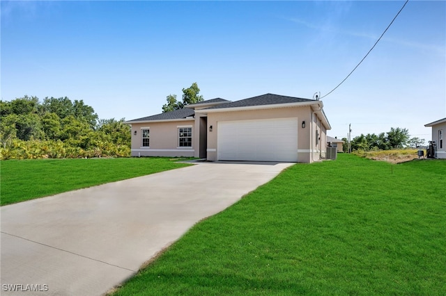 3109 11th St W, Lehigh Acres, FL 33971 - view of front of house featuring an attached garage, a front lawn, stucco siding, and concrete driveway