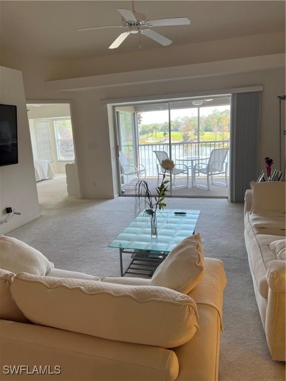 living room featuring carpet, a ceiling fan, and a healthy amount of sunlight