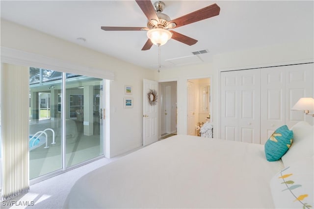 1132 Riverbend Dr, Labelle, FL 33935 - bedroom with access to exterior, ceiling fan, visible vents, and a closet