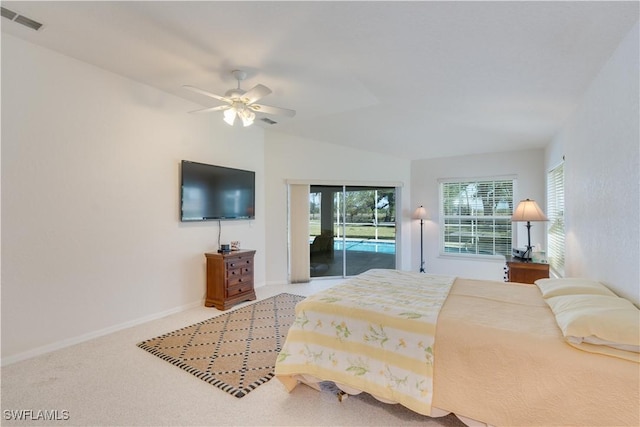 1132 Riverbend Dr, Labelle, FL 33935 - carpeted bedroom with visible vents, baseboards, ceiling fan, access to outside, and vaulted ceiling