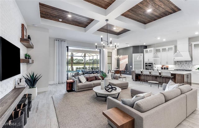 living area with light wood-style floors, wood ceiling, coffered ceiling, beamed ceiling, and baseboards