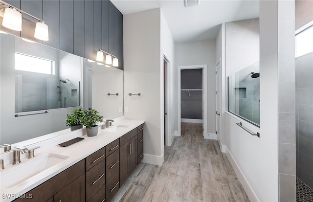 full bathroom featuring walk in shower, a sink, and wood finished floors