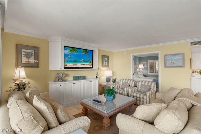 living room with visible vents and ornamental molding