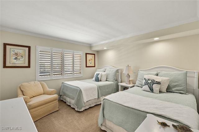 bedroom with recessed lighting, carpet floors, and ornamental molding